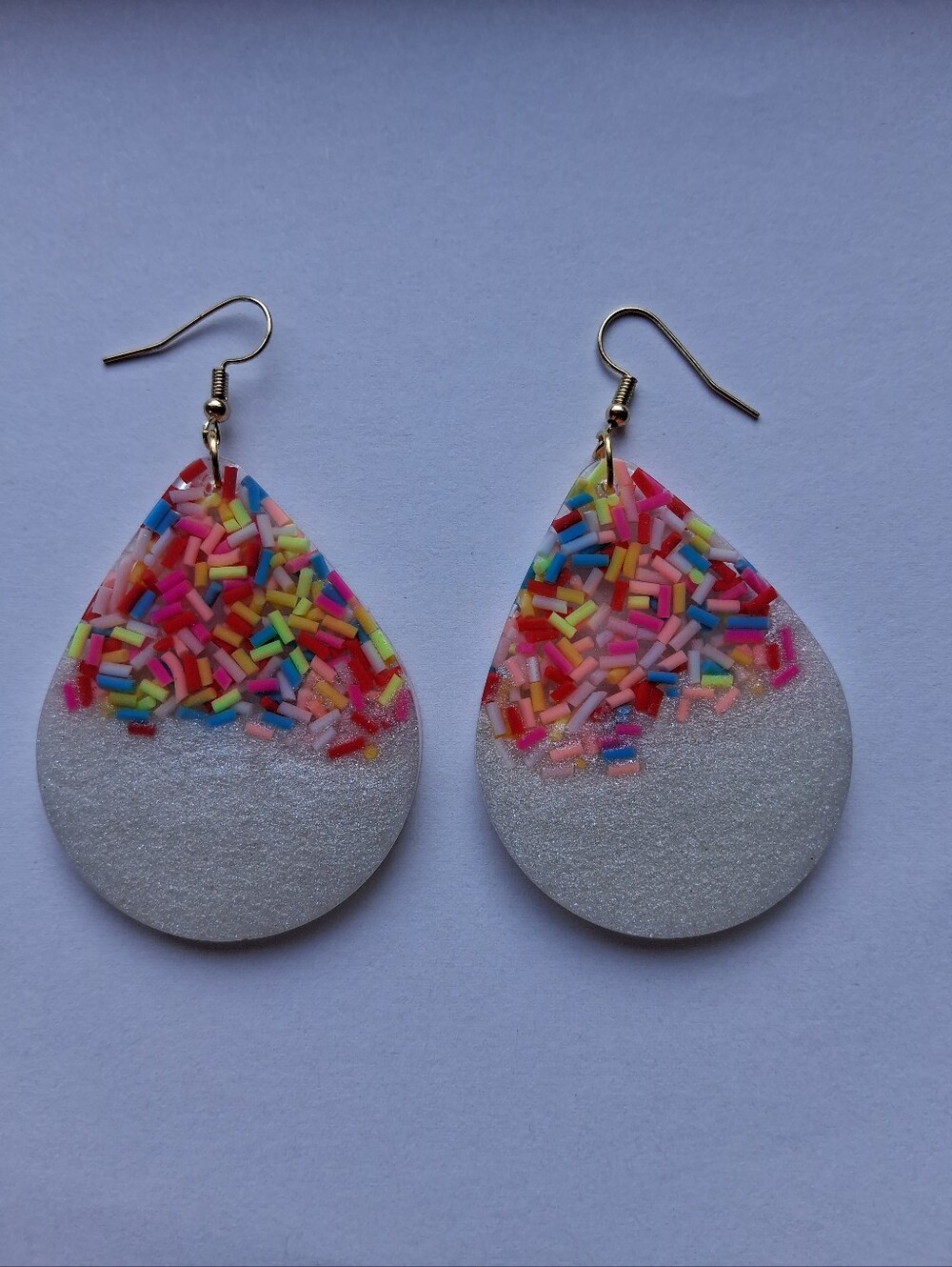Hand Crafted White Teardrop Earrings with Multicolor Sprinkle Accents